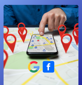 smartphone posé sur une carte avec des pins de localisation dessus. Représente des publicités locales drive to store pour des magasins. Avec logo facebook et google